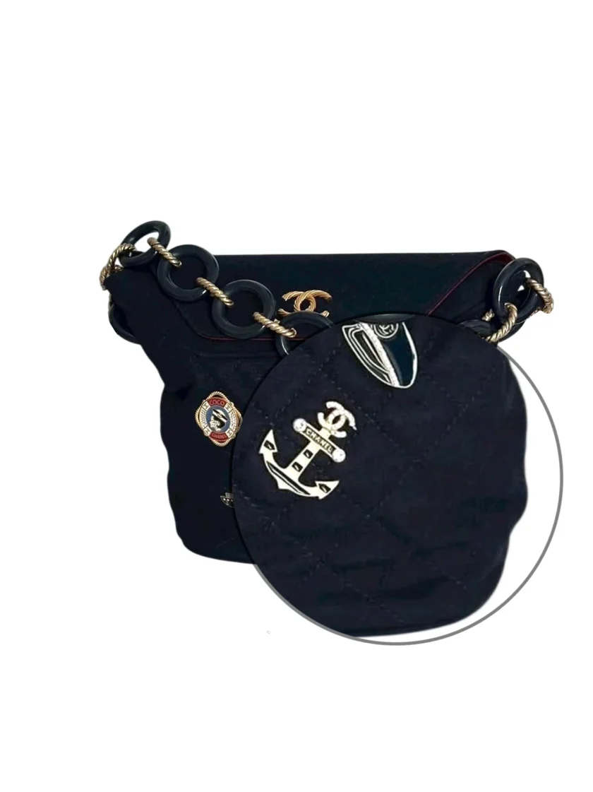 Chanel Paris Hamburg Navy Quilted Sailor Charms Bucket Bag detail