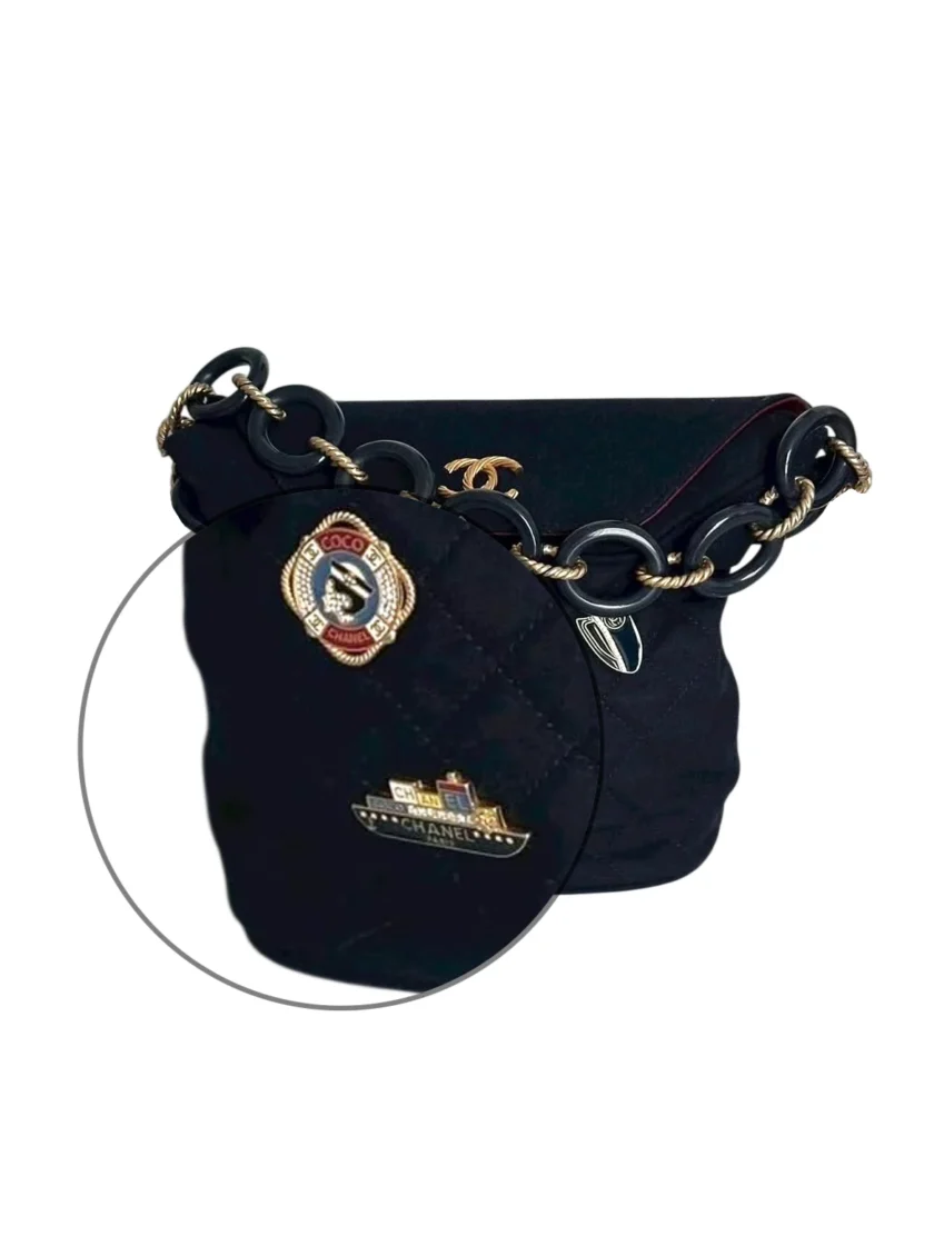 Chanel Paris Hamburg Navy Quilted Sailor Charms Bucket Bag detail left side