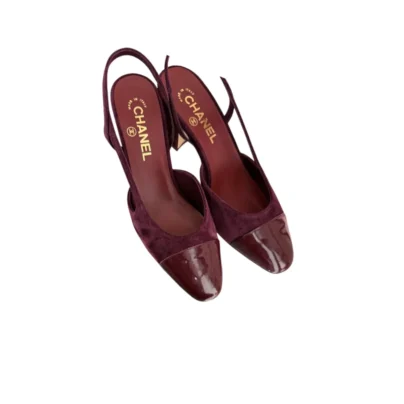 Chanel Slingback Burgundy Suede Cap Toe Block Heel Pumps