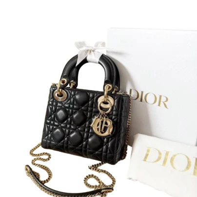 Christian Dior Mini Lady Dior Black Lambskin Leather Bag Gold hardware