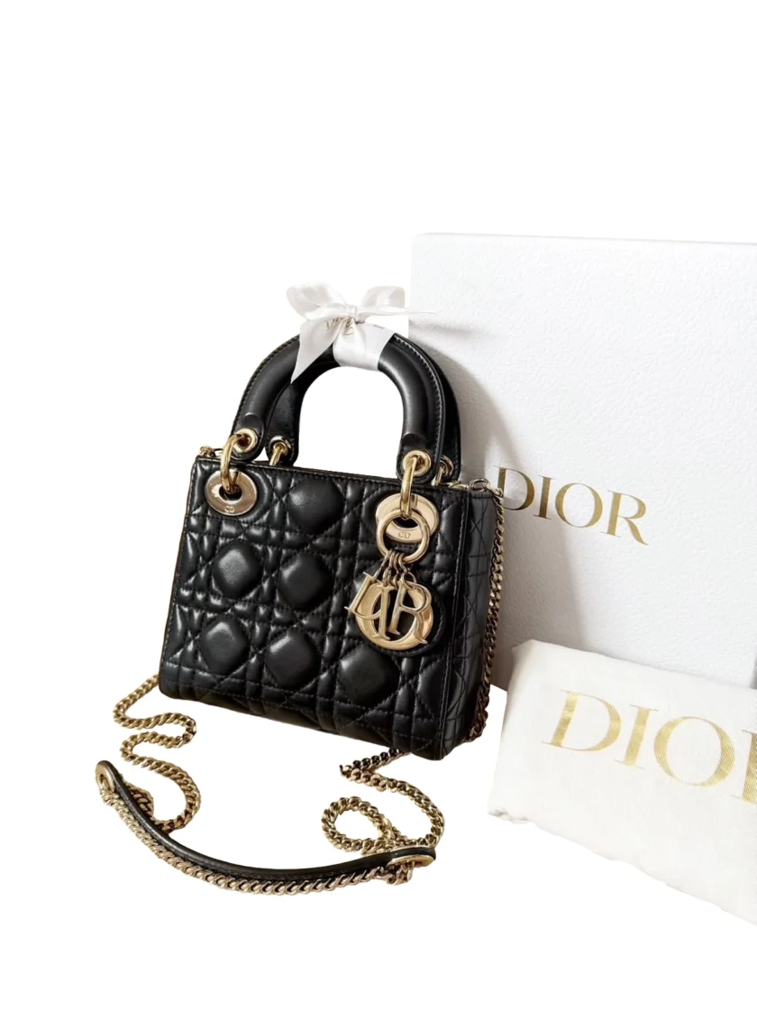 Christian Dior Mini Lady Dior Black Lambskin Leather Bag Gold hardware