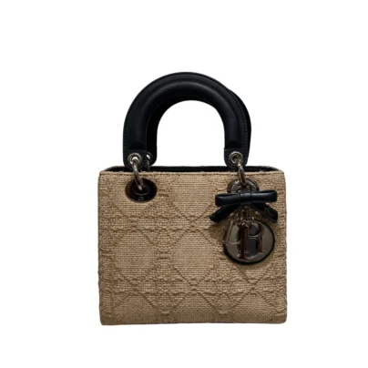 Dior Small Lady Dior Bag Black Beige raffia-effect Cannage embroidered fabric
