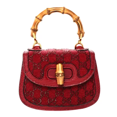 Gucci Bamboo 1947 Mini Red GG Canvas Rhinestones Crocodile leather Gold hardware