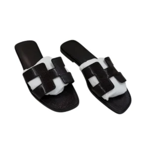 Hermes Oran Black Shiny Lizard Leather Flat Sandals