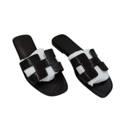 Hermes Oran Black Shiny Lizard Leather Flat Sandals