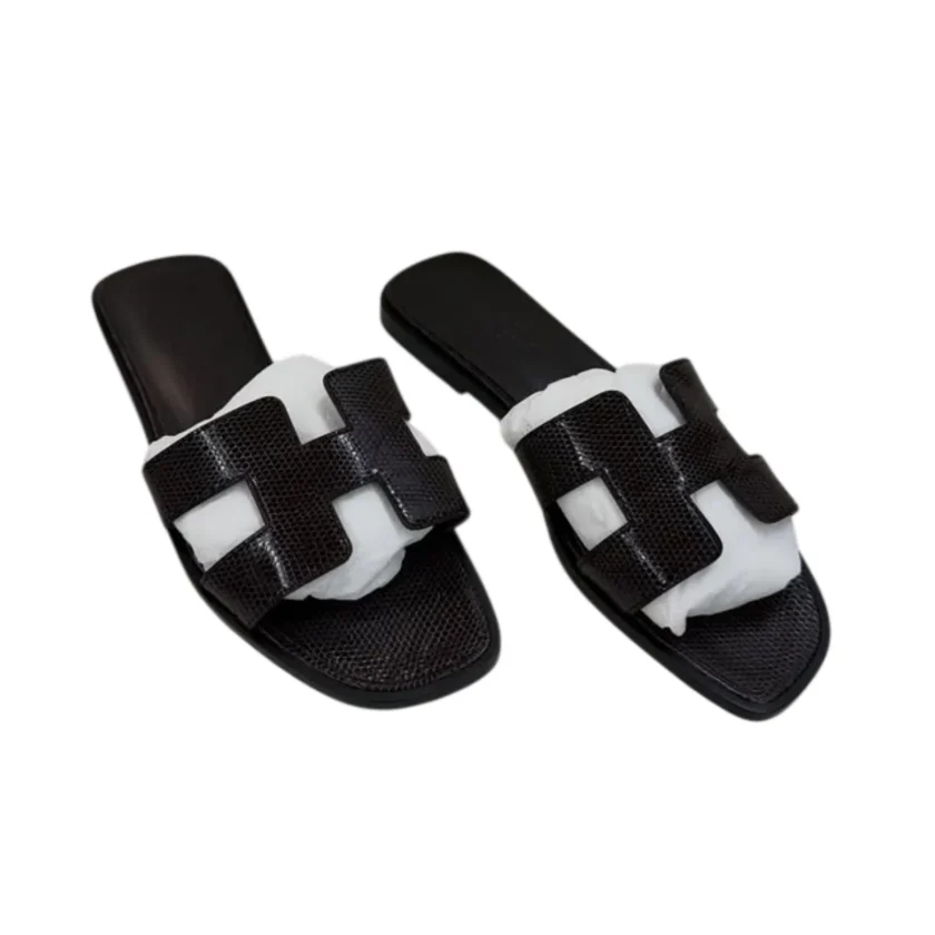 Hermes Oran Black Shiny Lizard Leather Flat Sandals