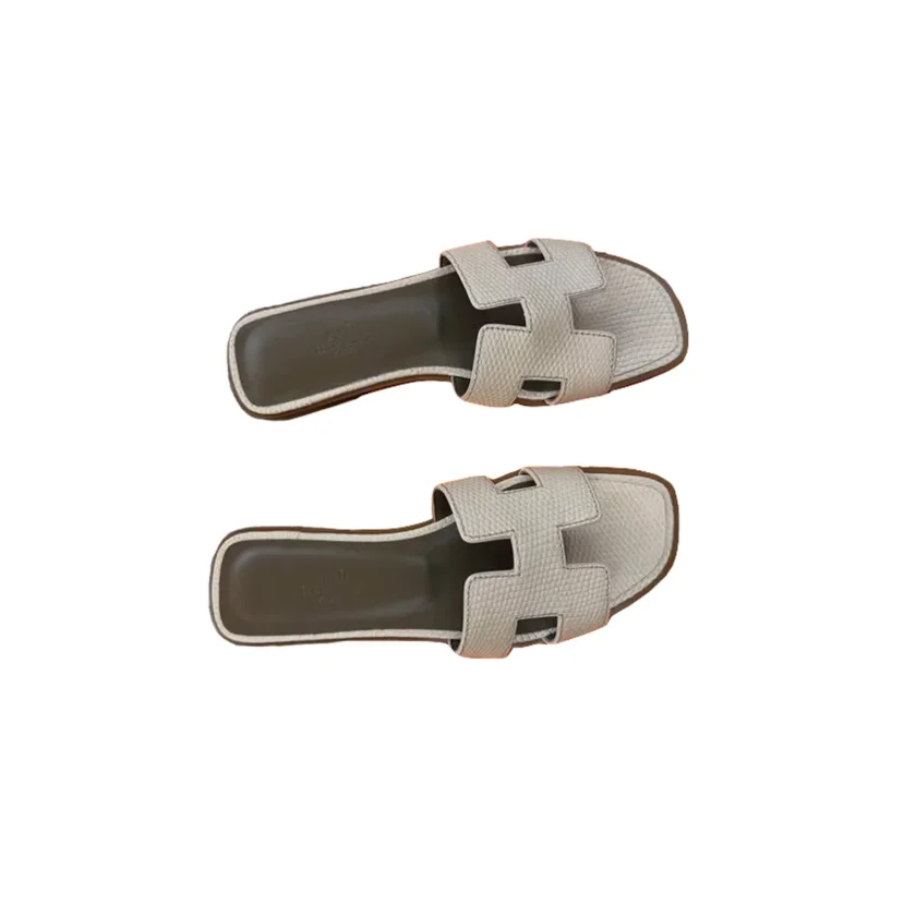 Hermes Oran White Lizard Leather Flat Sandals