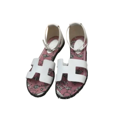 Hermes Santorini Flat White Leather Sandals Pink Print