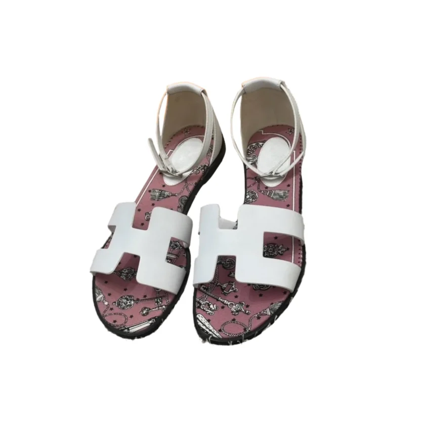 Hermes Santorini Flat White Leather Sandals Pink Print