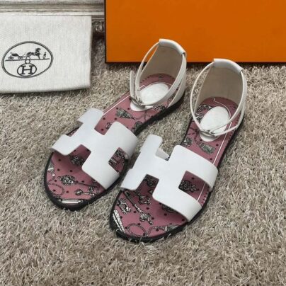 Hermes Santorini Flat White Sandals Pink Print