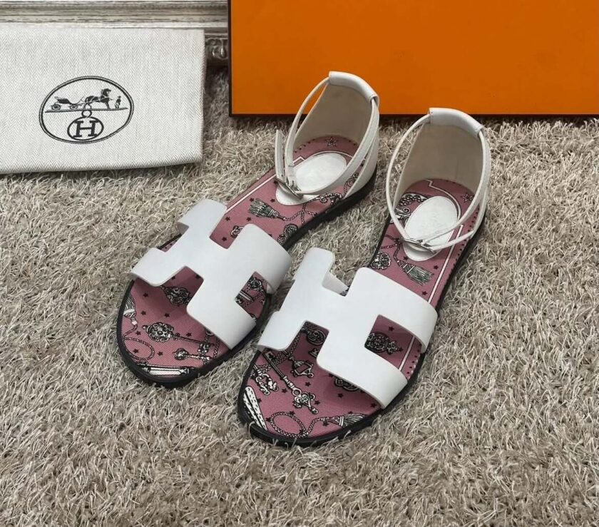 Hermes Santorini Flat White Sandals Pink Print