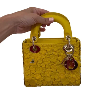 Limited Edition Christian Dior Mini Lady Dior buttercup yellow flower lambskin bag pale gold hardware