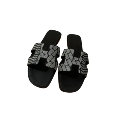 Limited Edition Hermes Oran Black Silver Embroidered Flat Sandals