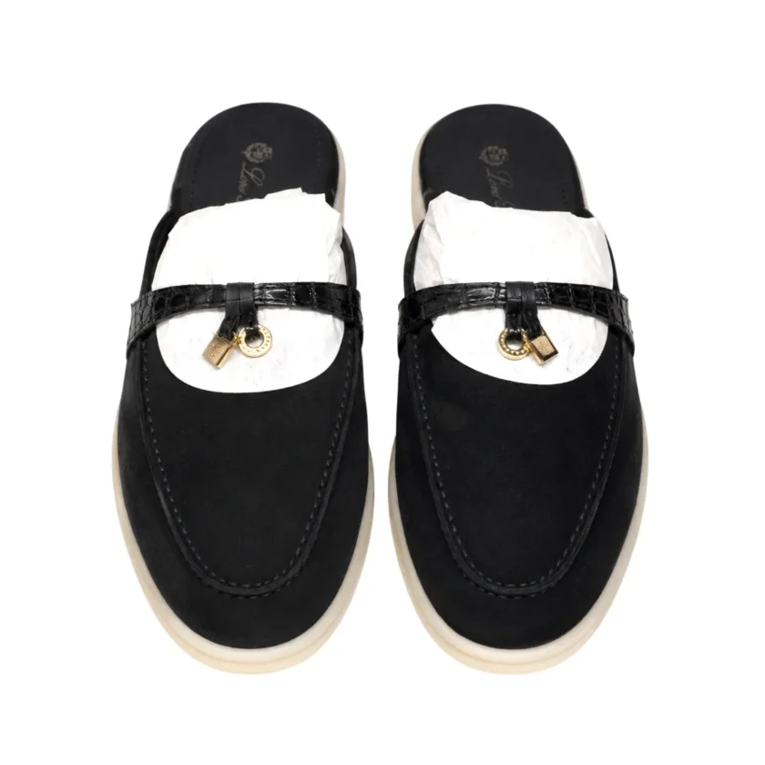 Loro Piana Charms Walk Babouche Black Alligator Suede Leather Size 39