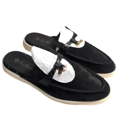 Loro Piana Charms Walk Babouche Black Suede Alligator Skin Size 38