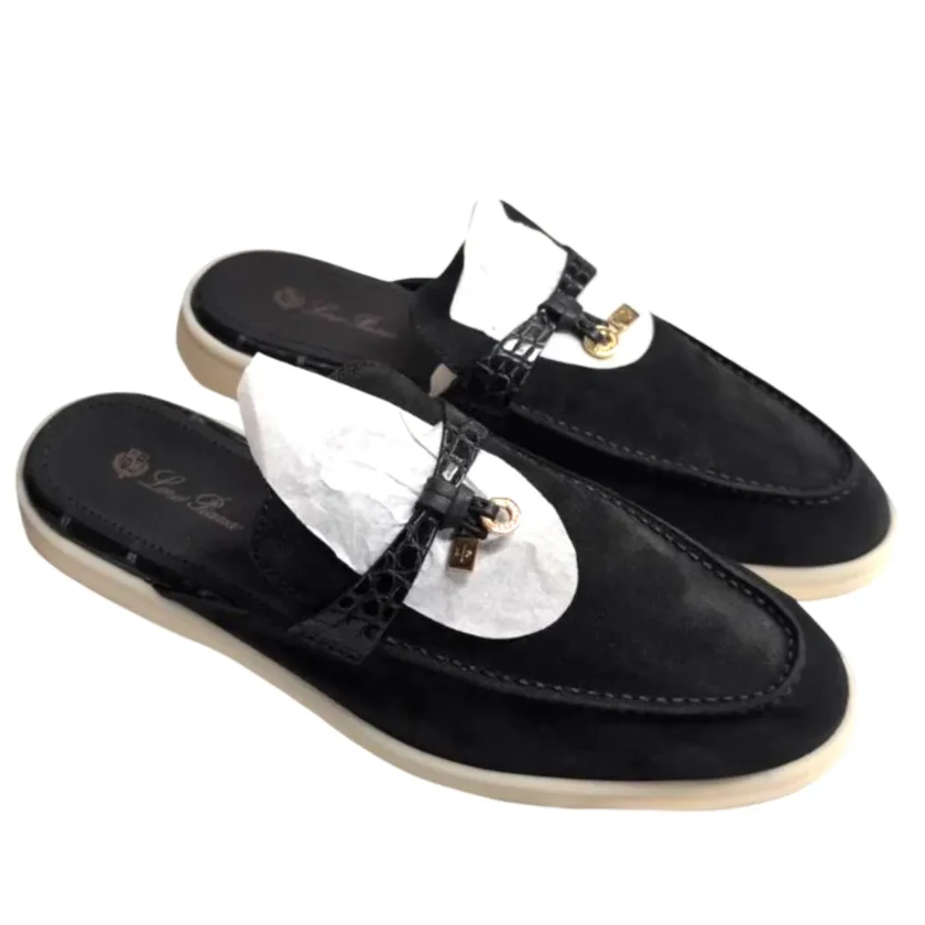 Loro Piana Charms Walk Babouche Black Suede Alligator Skin Size 38