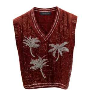 Louis Vuitton Burgundy Red palm trees embroidered sequins sleeveless Vest SS27