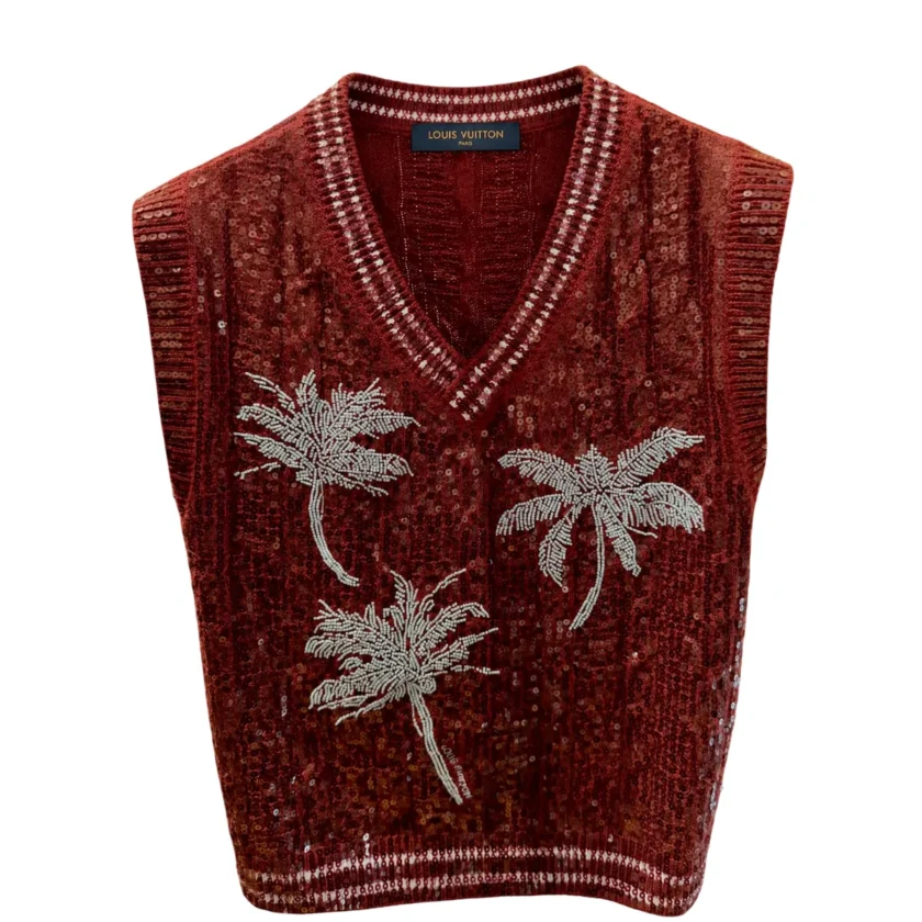 Louis Vuitton Burgundy Red palm trees embroidered sequins sleeveless Vest SS27