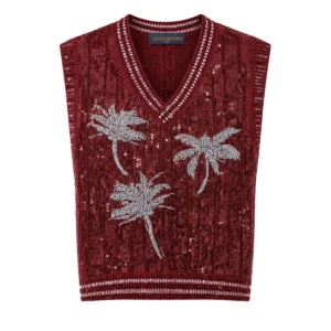 Louis Vuitton Burgundy Red palm trees embroidered sequins sleeveless cardigan SS27