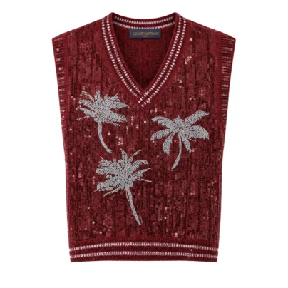 Louis Vuitton Burgundy Red palm trees embroidered sequins sleeveless cardigan SS27