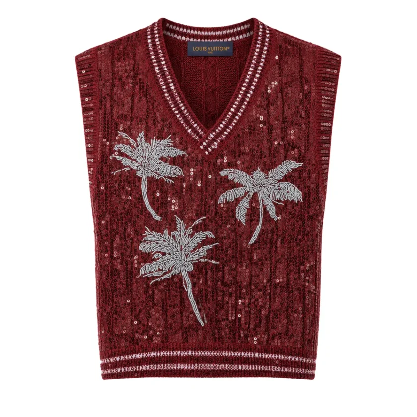 Louis Vuitton Burgundy Red palm trees embroidered sequins sleeveless cardigan SS27