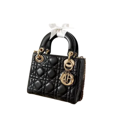 Mini Lady Dior Black Lambskin Leather Bag Gold hardware