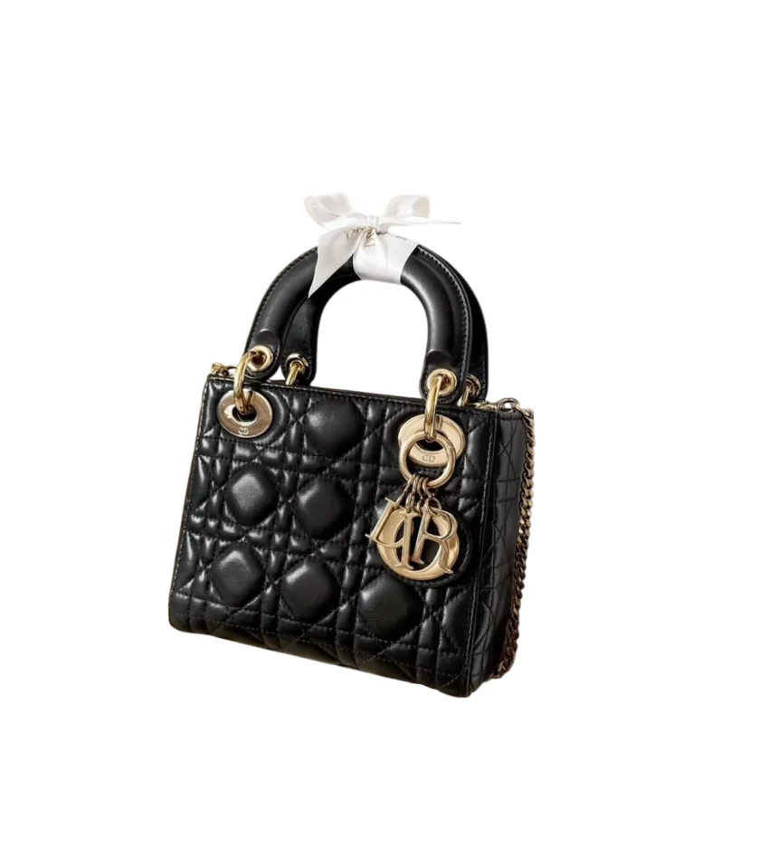 Mini Lady Dior Black Lambskin Leather Bag Gold hardware