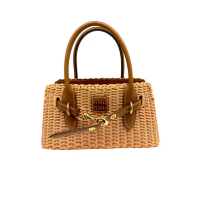 Miu Miu Aventure wicker top-handle beige bag gold-tone hardware