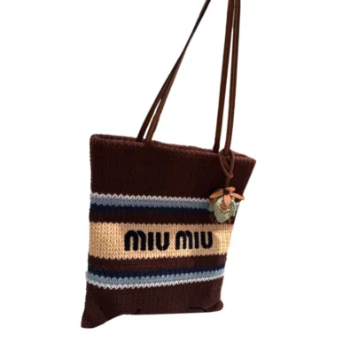 Miu Miu Crochet Striped Woven Cocoa Brown Celeste Natural Tote Bag
