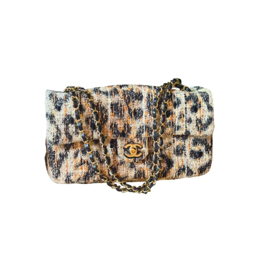 New 2026 Chanel Maxi Leopard Print Souplissimo Tweed Brown Black Mixed Fibers Small Flap Bag