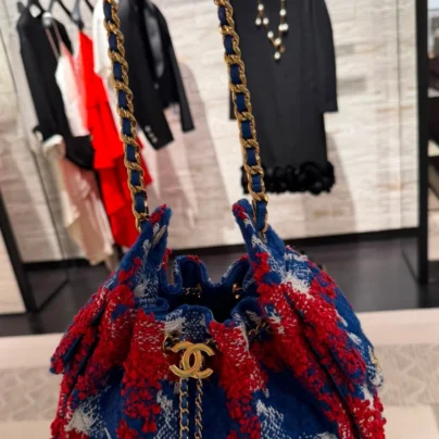 New Chanel 25 Mini Hobo Bag in Red Blue White Tweed Goldtone Hardware