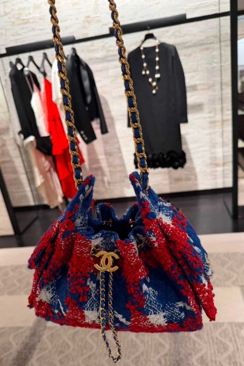 New Chanel 25 Mini Hobo Bag in Red Blue White Tweed Goldtone Hardware