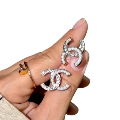 New Chanel CC Crystal Strass Pearl Pierced Stud Earrings Silver