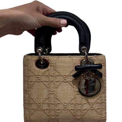 New Dior Small Lady Dior Bag Black Beige raffia effect Cannage embroidered fabric