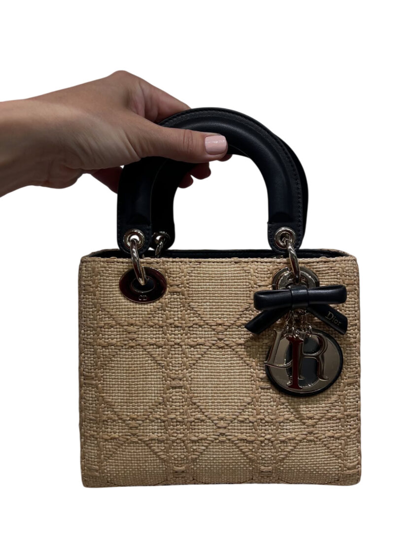 New Dior Small Lady Dior Bag Black Beige raffia effect Cannage embroidered fabric