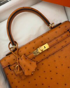 New Hermès Kelly 25 Sellier Cognac Brown Ostrich Gold Hardware
