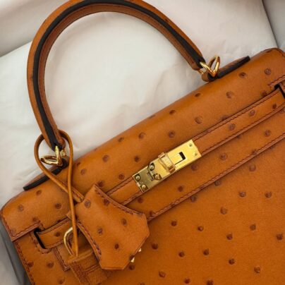 New Hermès Kelly 25 Sellier Cognac Brown Ostrich Gold Hardware