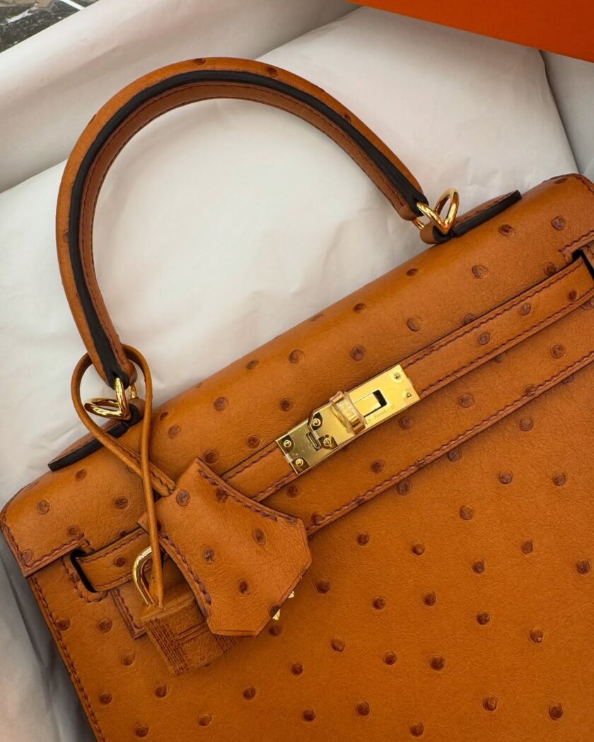 New Hermès Kelly 25 Sellier Cognac Brown Ostrich Gold Hardware
