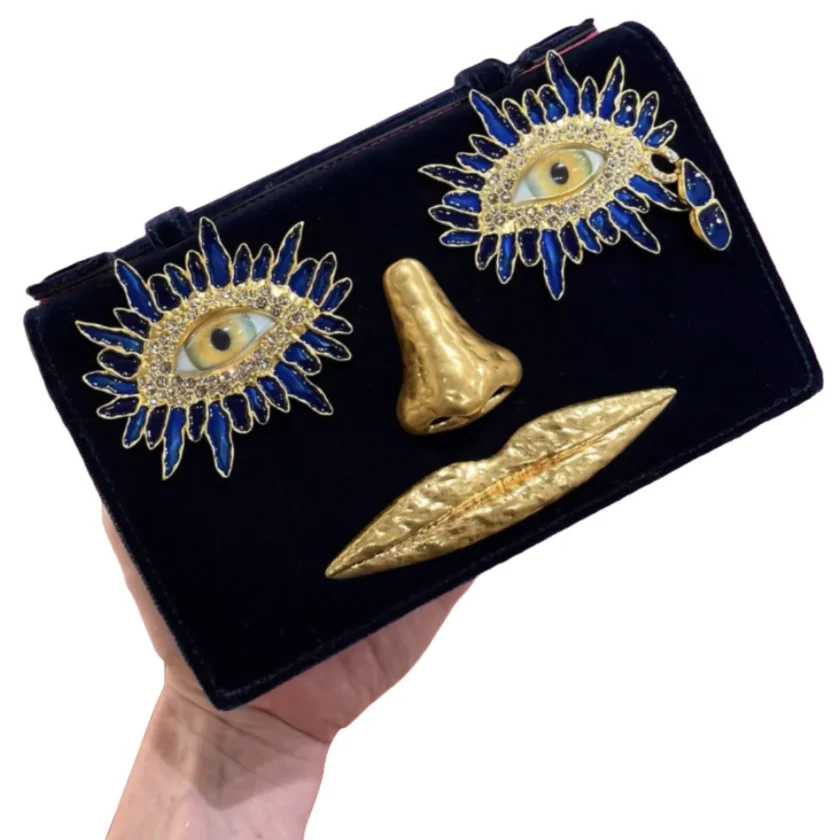 New Schiaparelli Velvet Blue Face Clutch