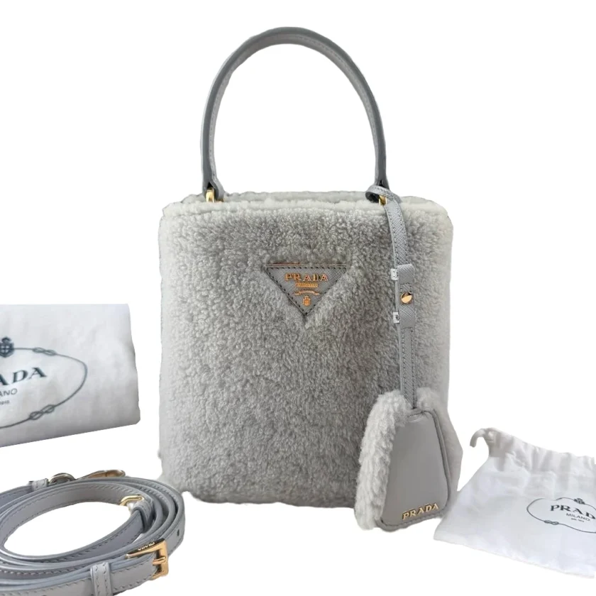 Prada Mini Panier Gris Wool Bucket Bag GHW