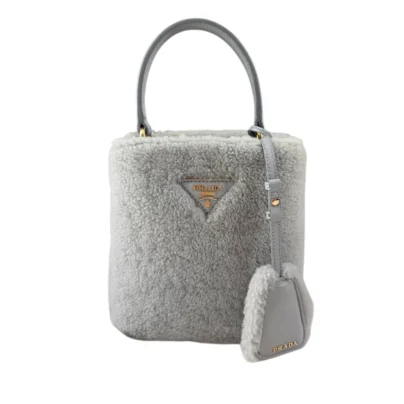 Prada Mini Panier Gris Wool Shopping Tote Bucket Bag Gold Hardware