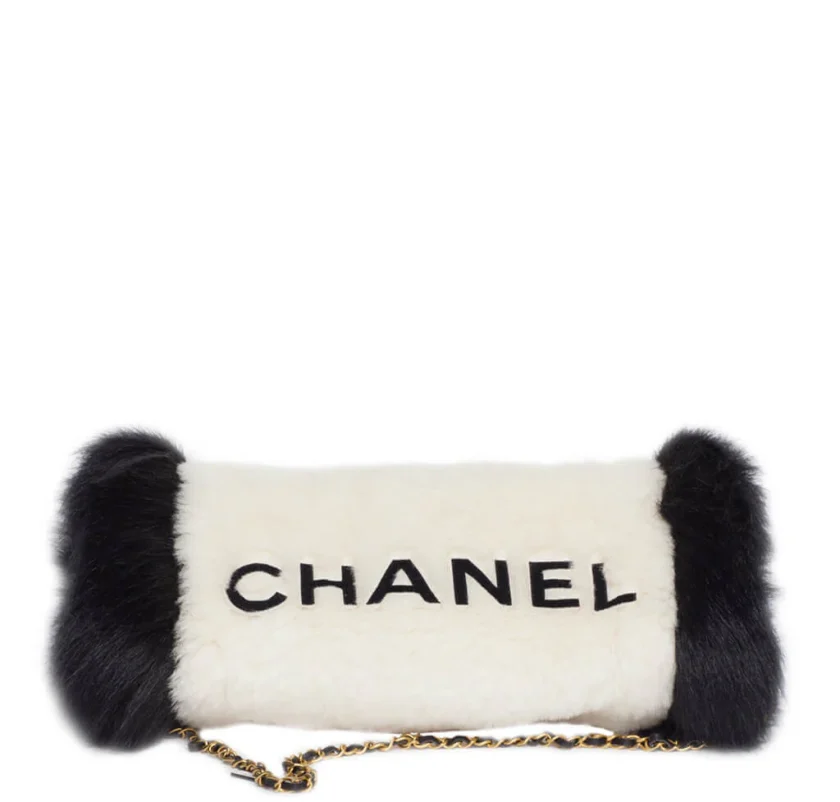 Rare Chanel Black White Fur Muff Chain Bag