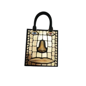 Schiaparelli Mini Face Bag Black Goatskin Hammered Gold Brass Metal