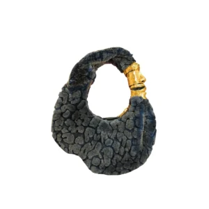 Schiaparelli Small Soufflé bag blue shearling gold brass face charm handle