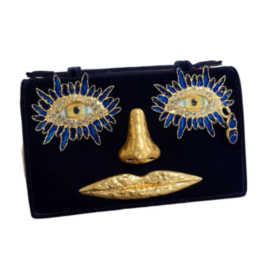 Schiaparelli Velvet Blue Face Clutch Bag