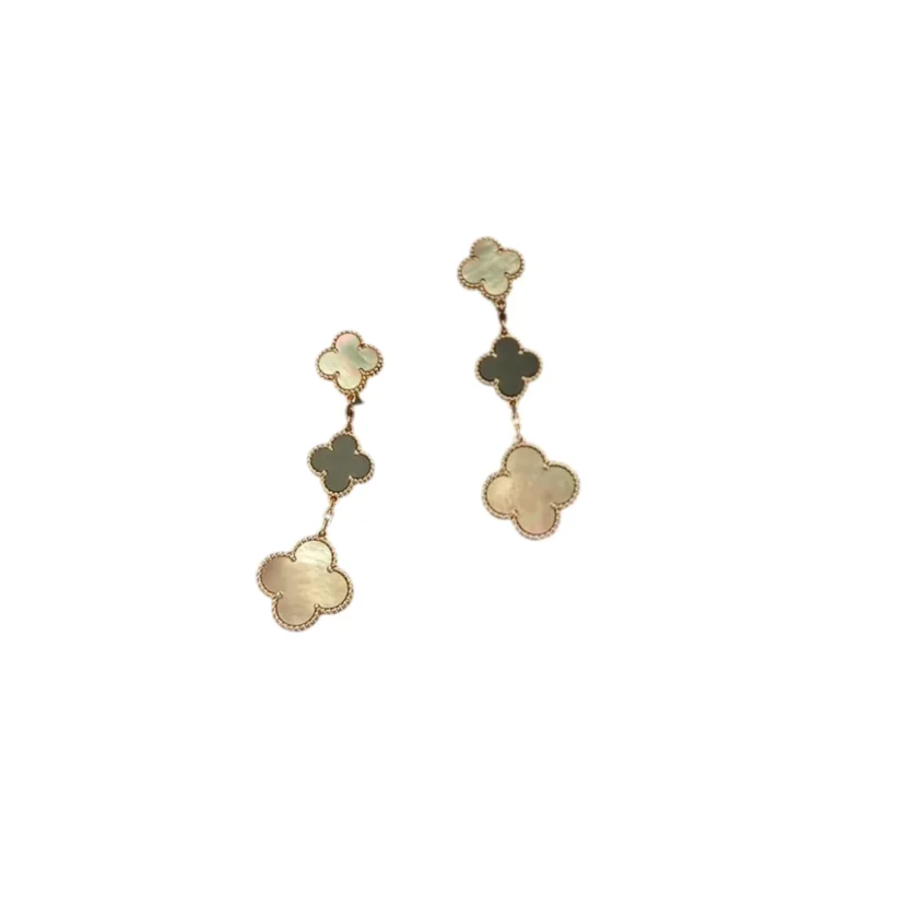Van Cleef & Arpels Magic Alhambra 3 Motifs Earrings Mother of Pearl Onyx Yellow Gold