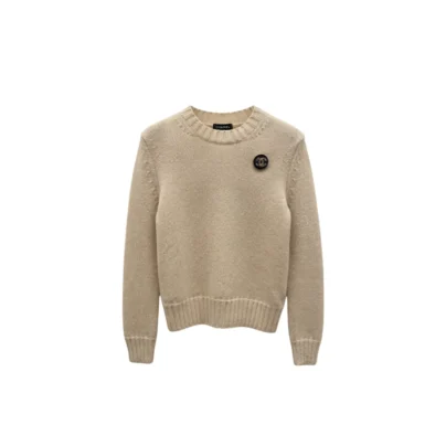 Beige Chanel cashmere knit sweater with cc brooch 2026