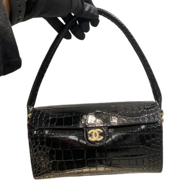 Black Chanel Clutch Bag with Chain Croc Embossed Calfskin Gold Hardware