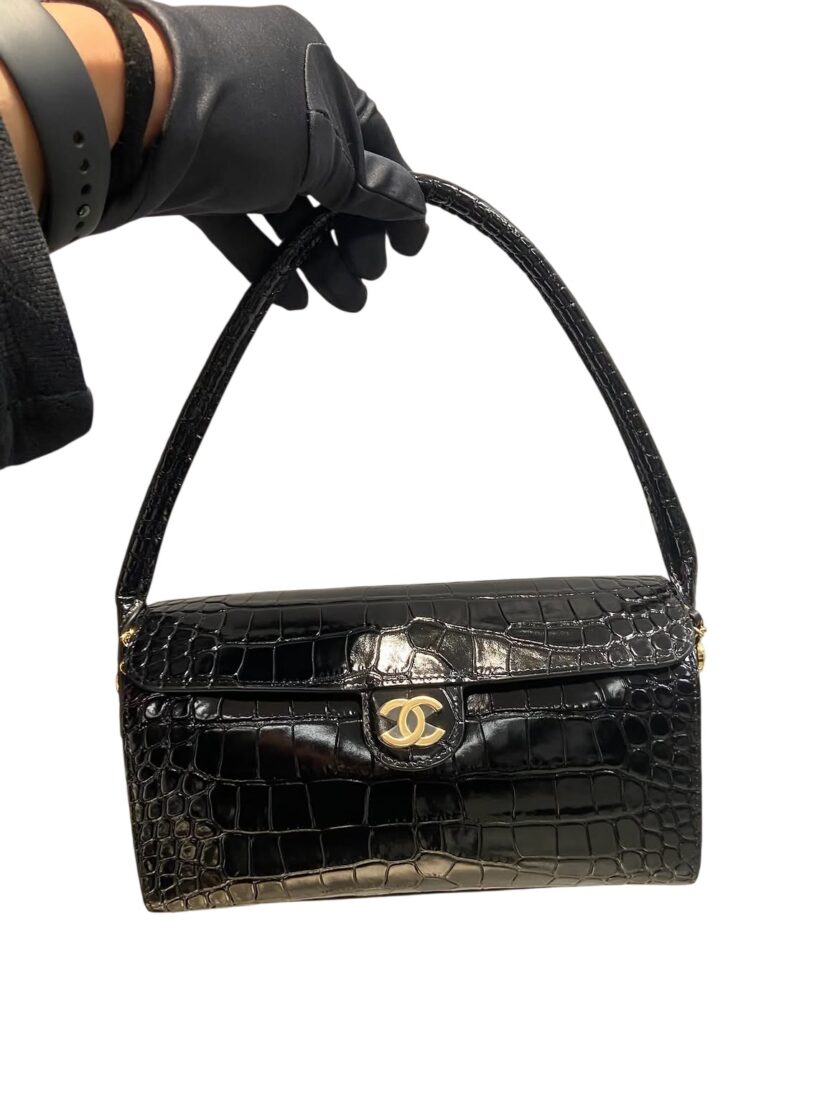 Black Chanel Clutch Bag with Chain Croc Embossed Calfskin Gold Hardware