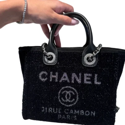 Black Chanel Mini Lurex Canvas Deauville Tote Bag Silver tone Hardware